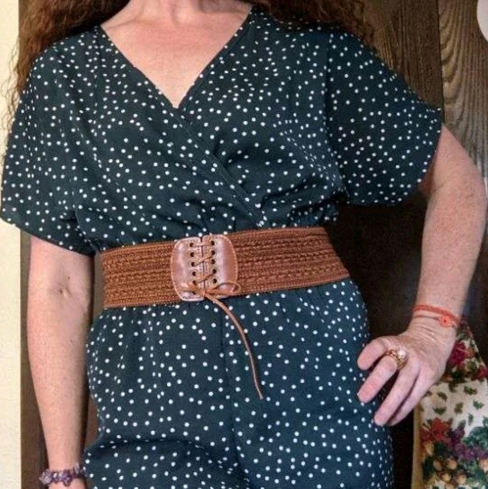 Lace up boho Brown woven corset wide elastic stretch vintage style waist belt - Picture 7 of 14